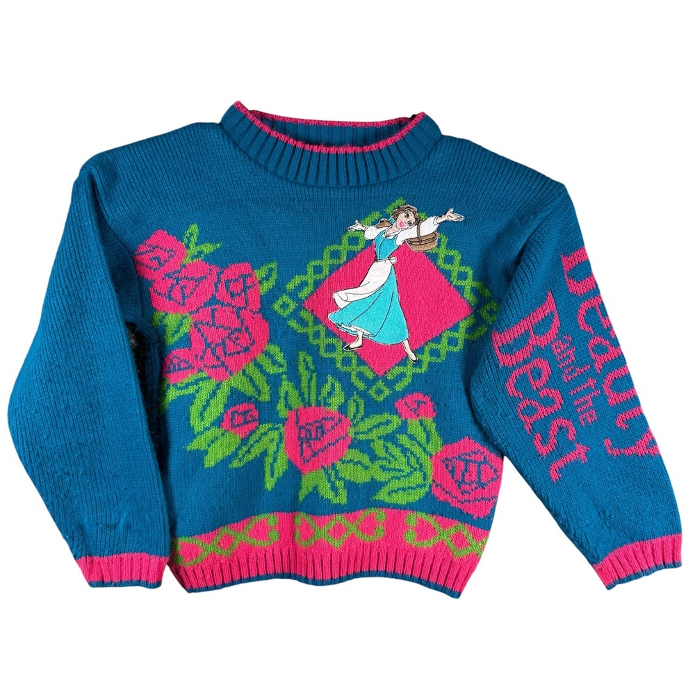 Disney Beauty and the Beast Sweater Kids Medium Teal Vintage Belle Knit Pullover